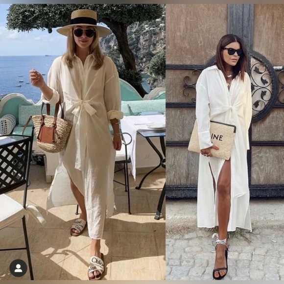 Zara oyster off white ivory shirt dress long mid knot waist bow blogger vacay S - Picture 4 of 11